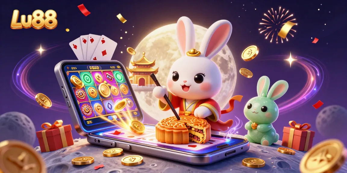 Lu88 promotes thrilling gameplay with a 3D moon rabbit, poker chips, and vibrant casino elements.