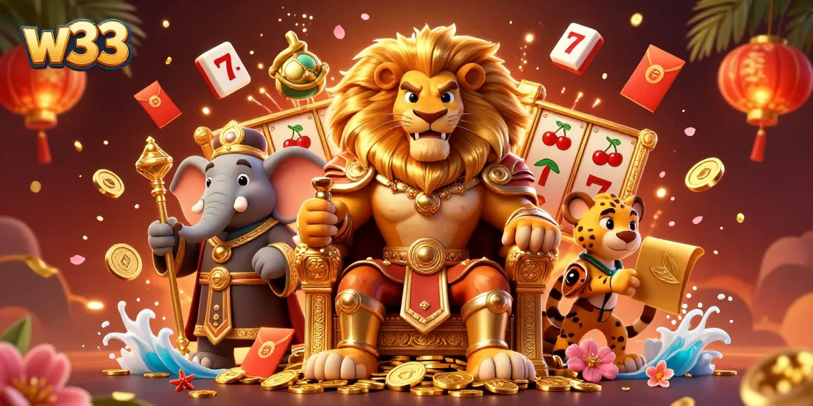 Experience thrilling gaming at w33 Casino with a majestic lion king and vibrant casino elements.
