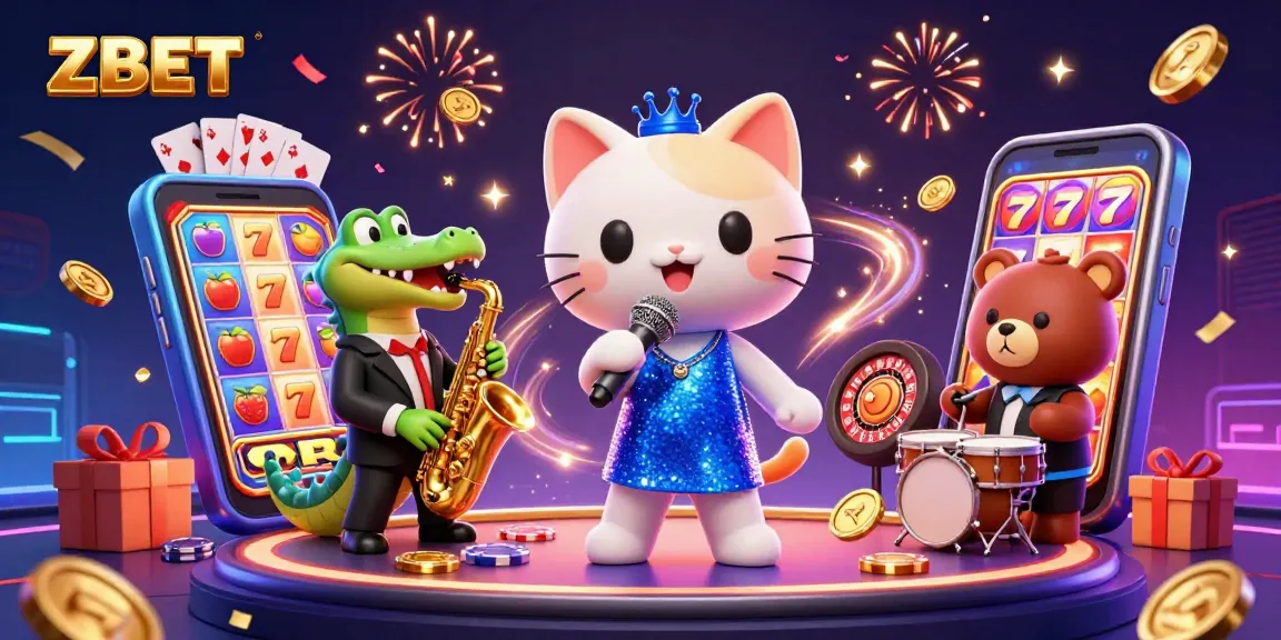 ZBET showcases an animated casino scene featuring a jazz-singer cat and a saxophonist crocodile with vibrant slot game elements.