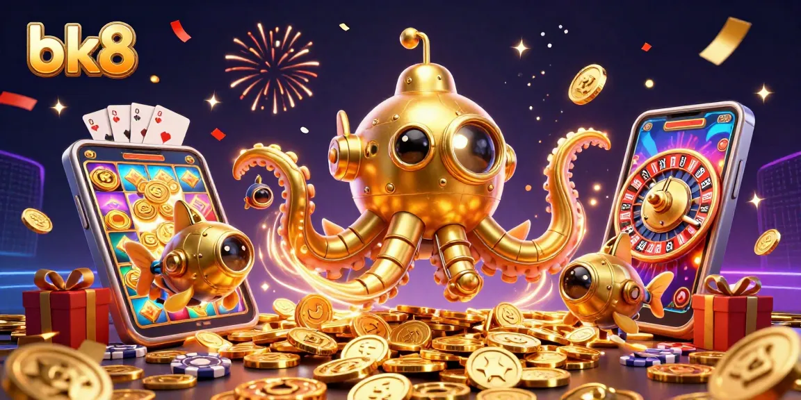 Play thrilling slot games with bk8's vibrant 3D epic casino artwork featuring dynamic golden kraken and digital gaming elements.