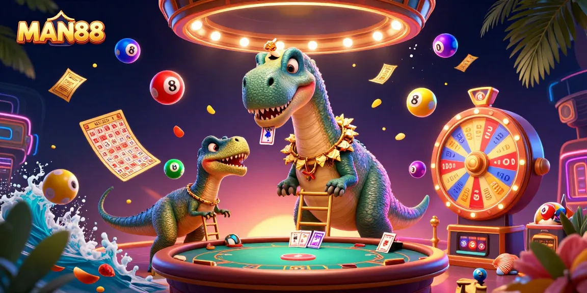 Engage with the dynamic casino scene featuring MAN88, showcasing a giant brontosaurus amidst vibrant gambling elements.