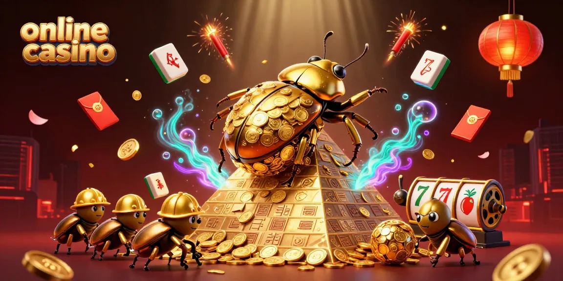 Engage in the vibrant online casino world with a golden beetle rolling coins amidst festive elements.