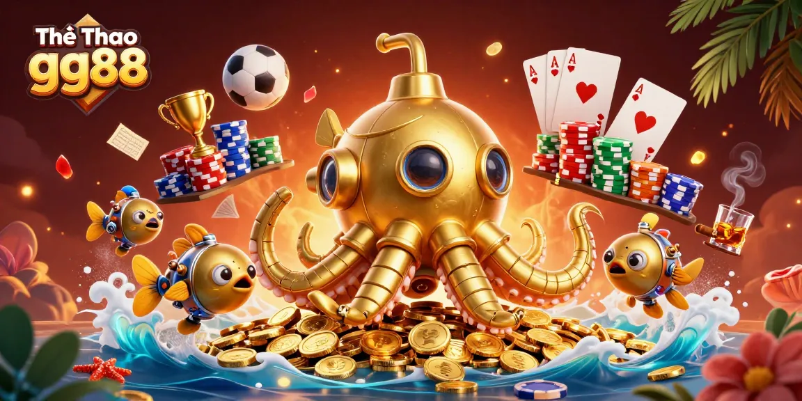 Thể Thao gg88 showcases an exciting scene with an adventurous golden kraken submarine amidst dynamic sports betting elements.