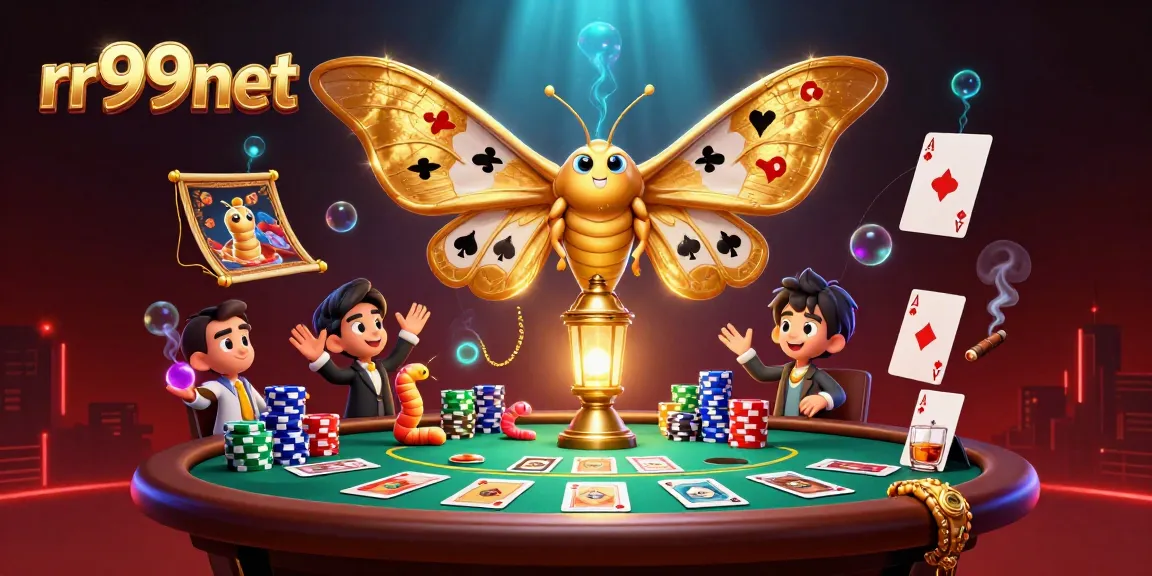 Experience rr99net's vibrant casino world featuring a majestic moth amidst poker excitement.