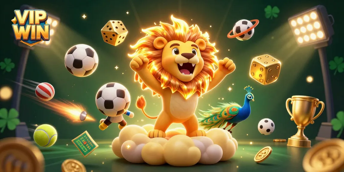 Experience the excitement of VIP WIN with a roaring lion on golden clouds and sports elements.