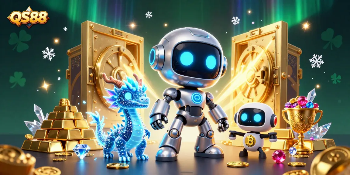Experience thrilling gameplay at QS88 with a vibrant 3D illustration featuring a cyberpunk robot, dragon companion, and golden rewards.