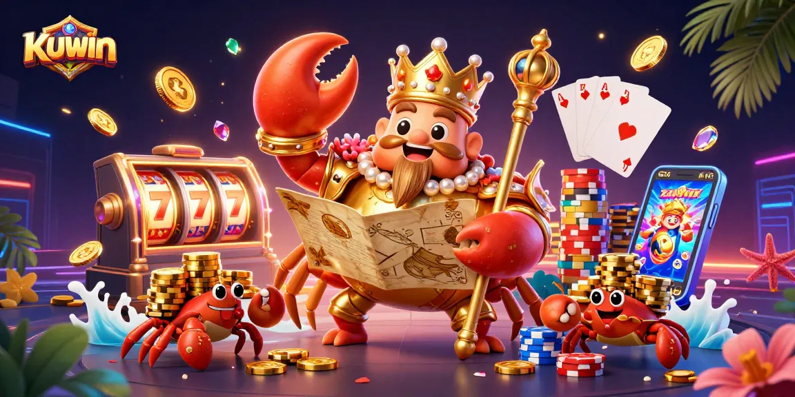 Join the excitement at KUWIN with a golden crab emperor amidst vibrant slots and casino elements.
