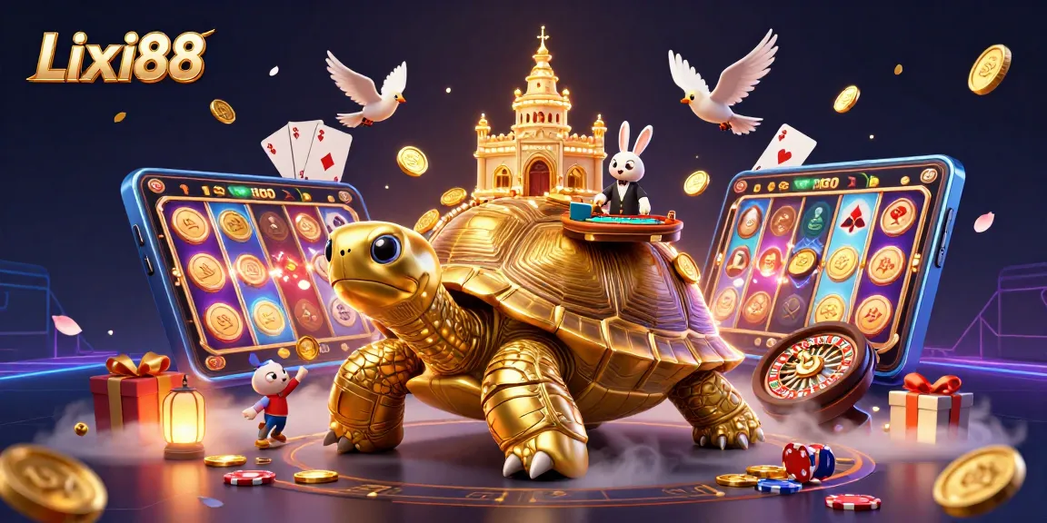 Engage in thrilling games at Lixi88, illustrated by a vivid 3D scene of a golden tortoise casino.