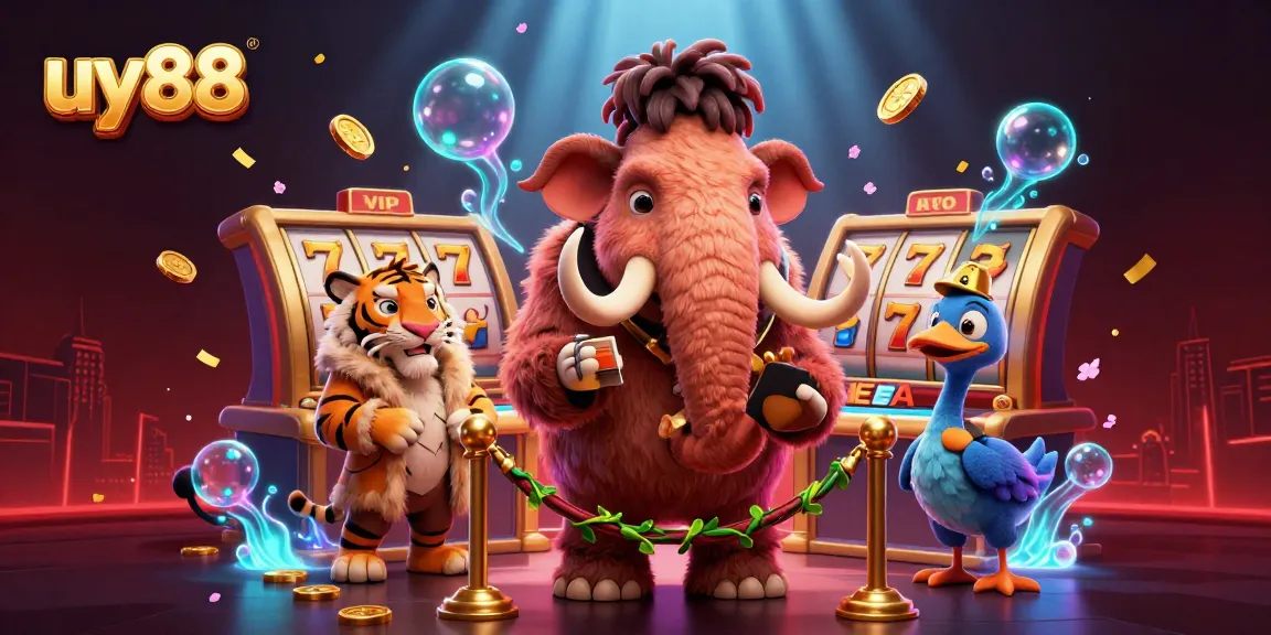 Experience thrilling wins at uy88 with vibrant casino elements, including a woolly mammoth bouncer and lucky symbols.
