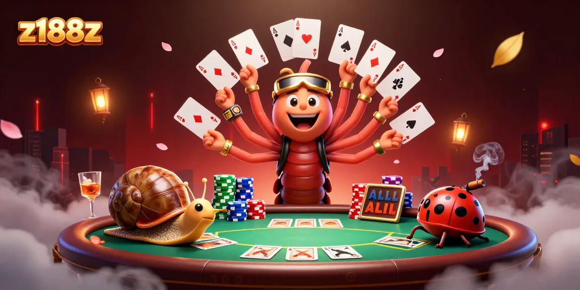 Engage in z188z gaming excitement with a cartoon millipede dealer and vibrant poker scene.