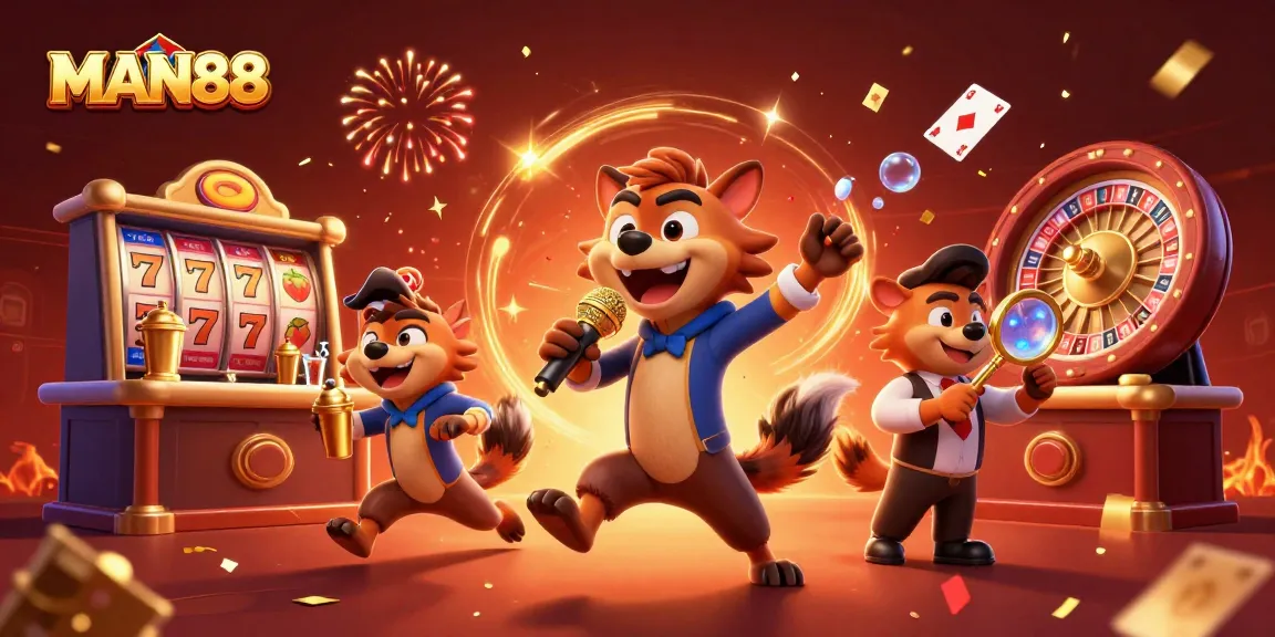 Experience the excitement of MAN88 with lively hyenas in a vibrant casino setting, showcasing dynamic game elements.