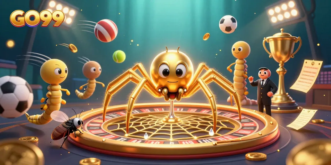 Place bets with GO99 while observing a golden spider spinning a roulette wheel web.