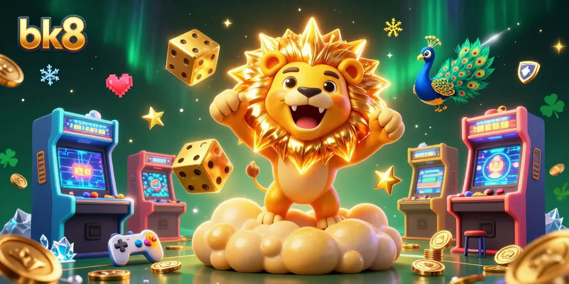 Engage with bk8's vibrant casino games, featuring a roaring sun lion, golden dice, and arcade elements.
