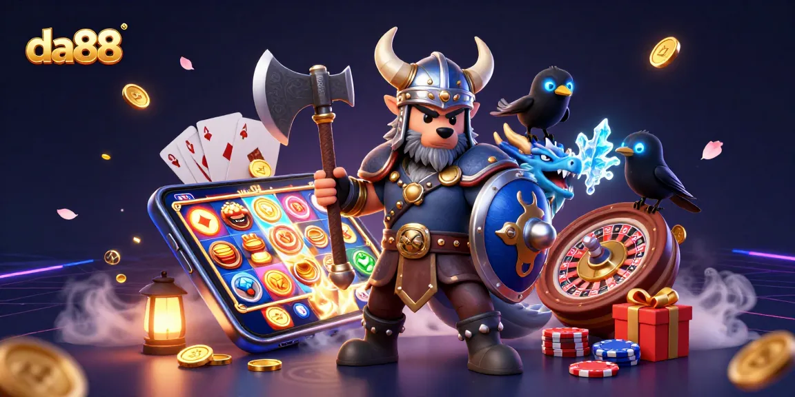 Experience the thrill of da88 with this vibrant 3D casino illustration featuring a Viking warrior.