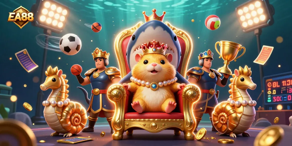 Experience thrilling gameplay with EA88's golden hamster king surrounded by sports excitement.