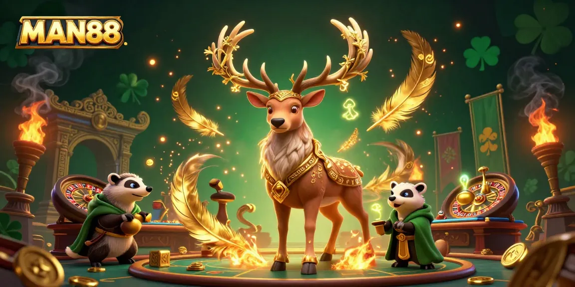 Engage with MAN88's vibrant casino scene featuring a Celtic druid stag and badger amidst golden gaming elements.