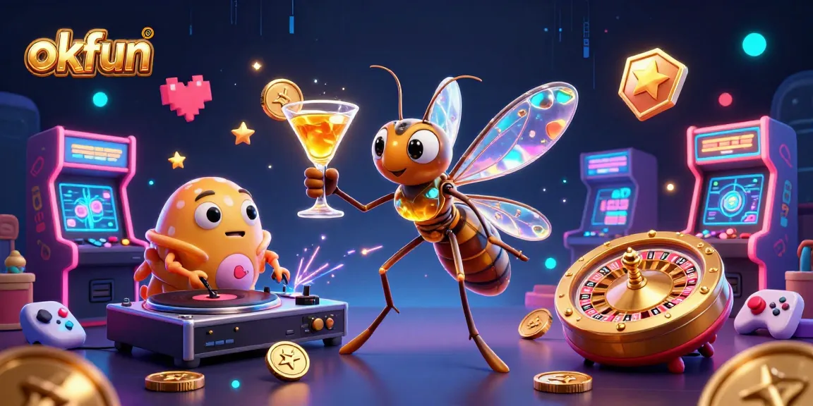 Experience thrilling gaming action with the okfun mascot and the spectacular casino scene